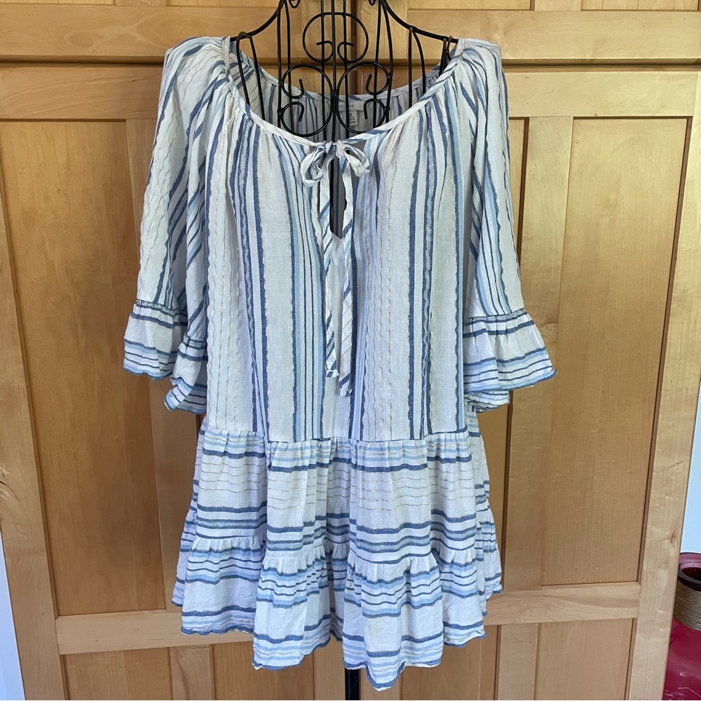 Cato blue and white striped with gold threads boho oversized swing Top size M - Picture 2 of 9
